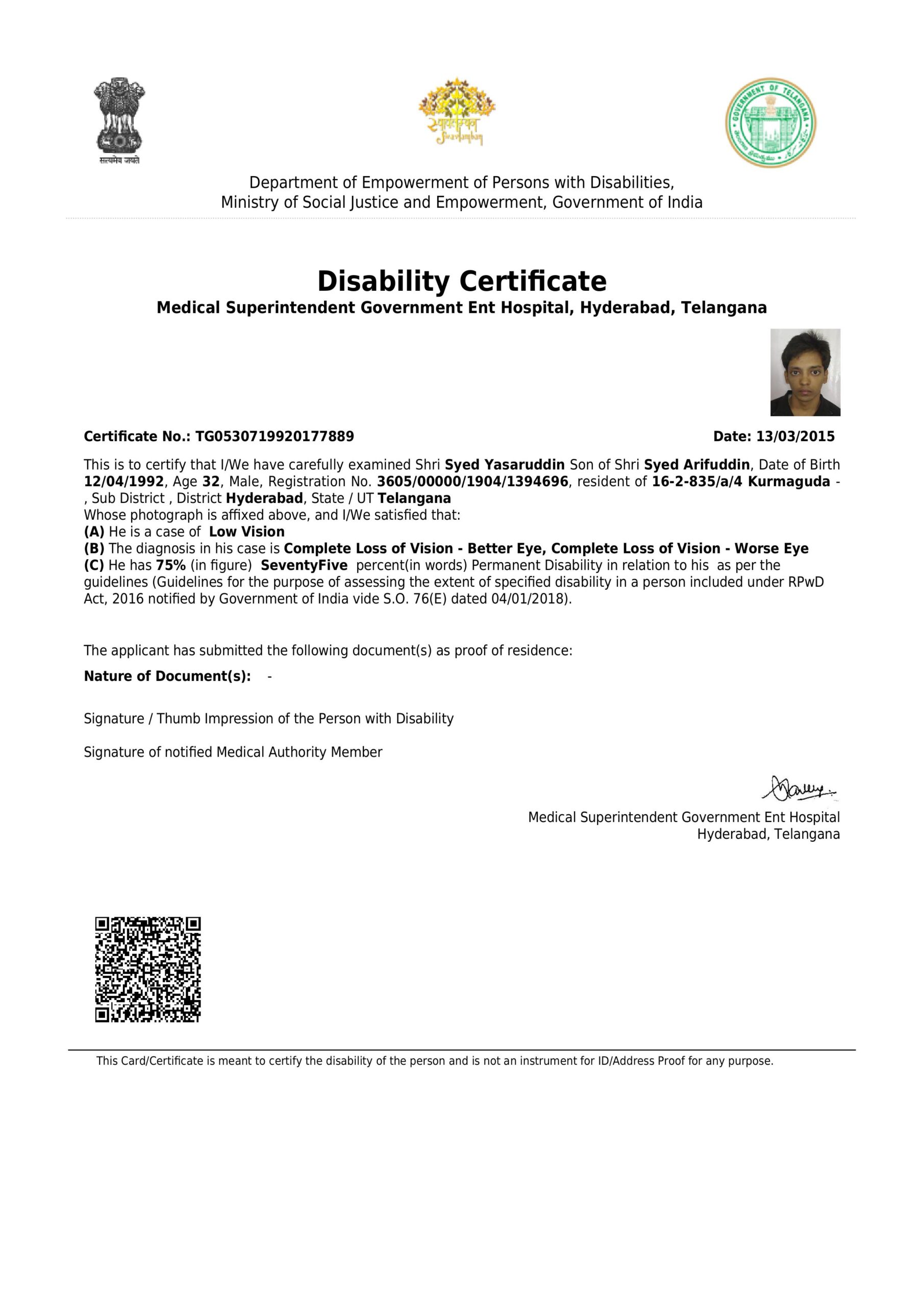 Upload Disability Certificate