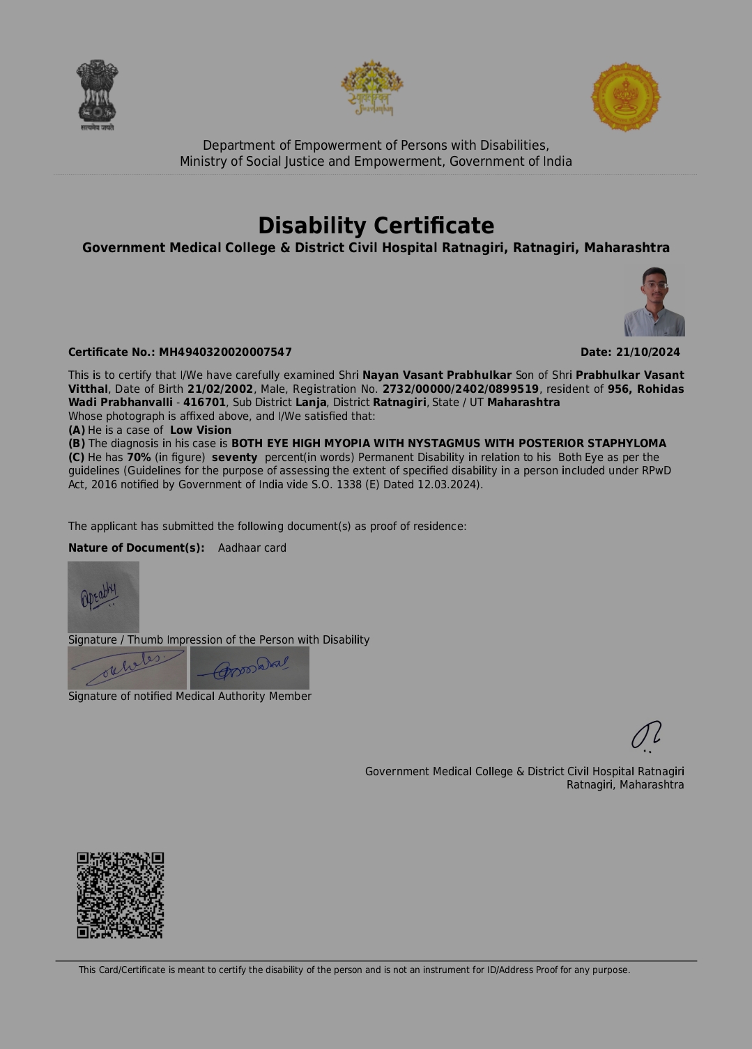 Upload Disability Certificate