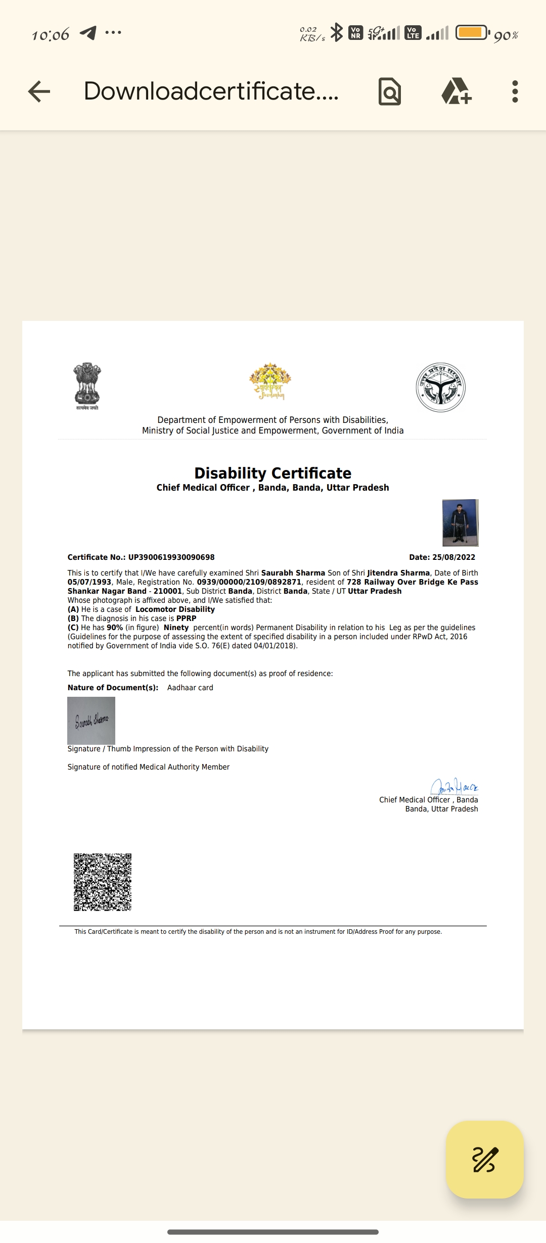 Upload Disability Certificate