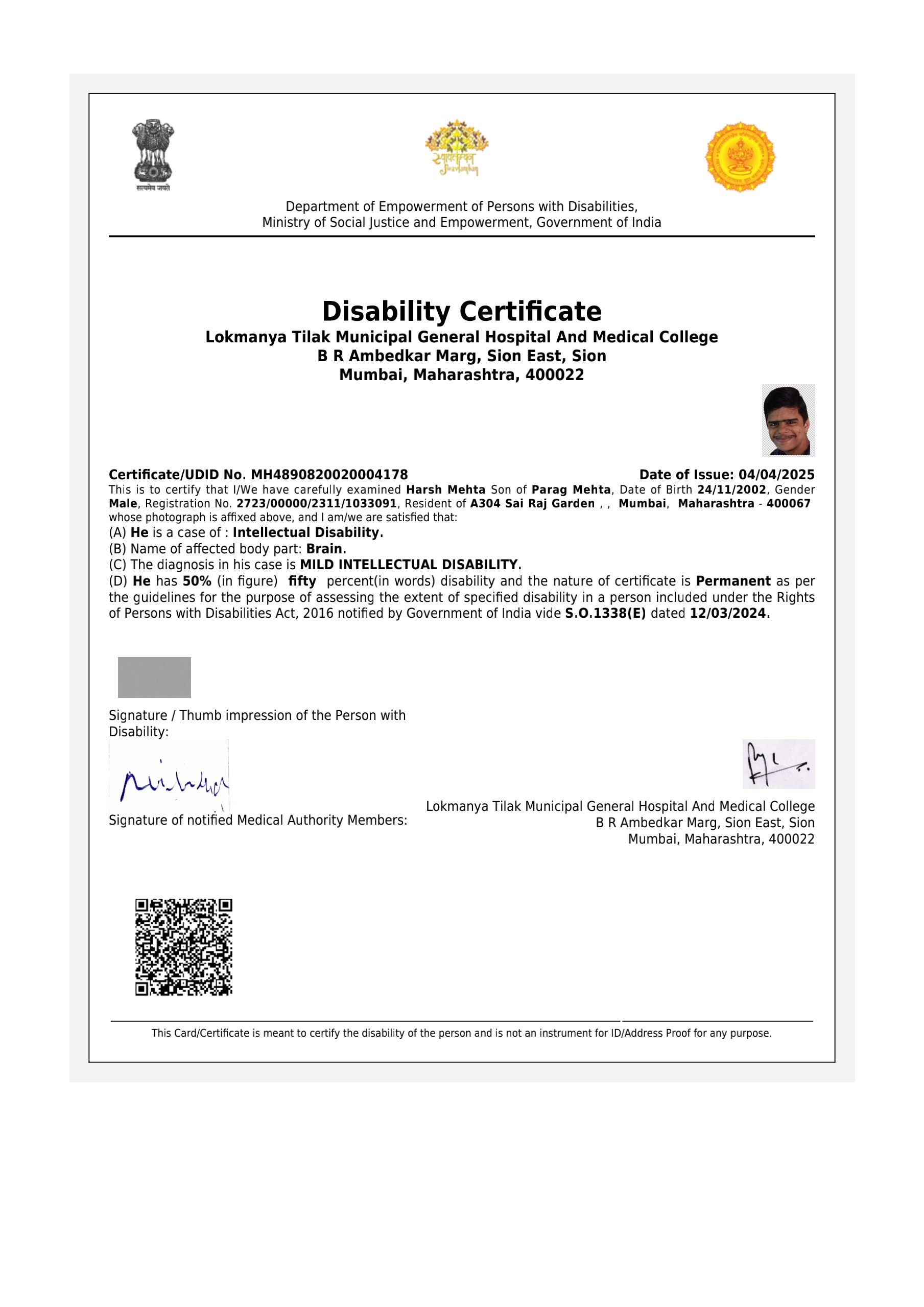 Upload Disability Certificate