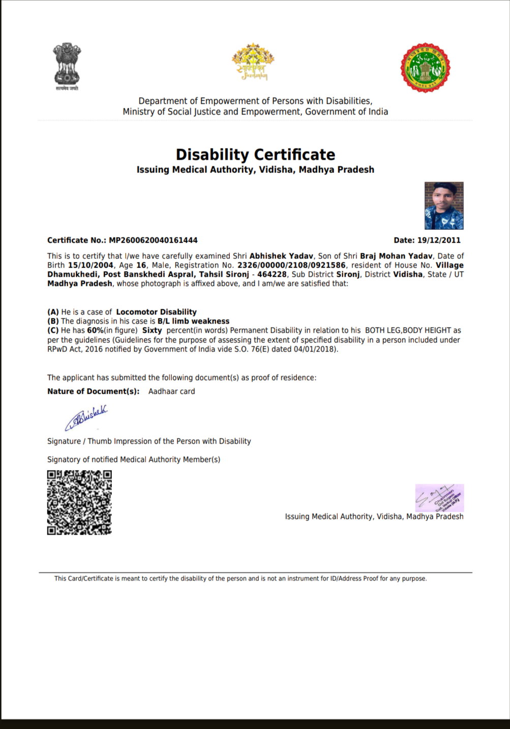 Upload Disability Certificate