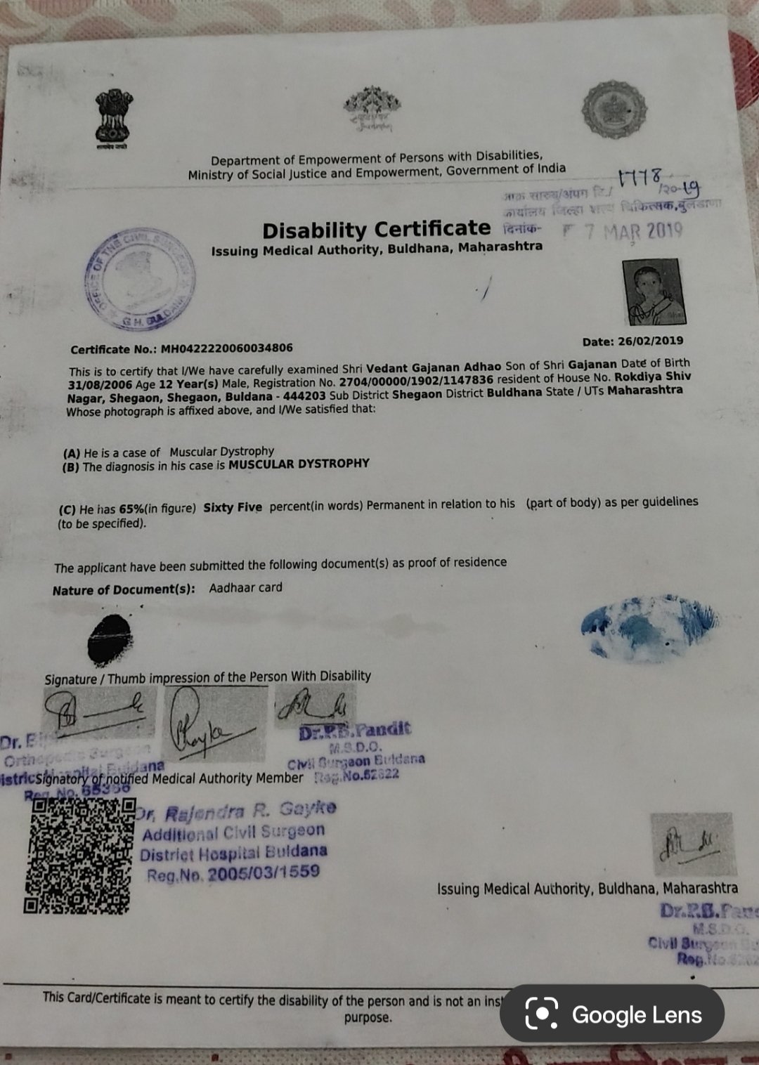 Upload Disability Certificate