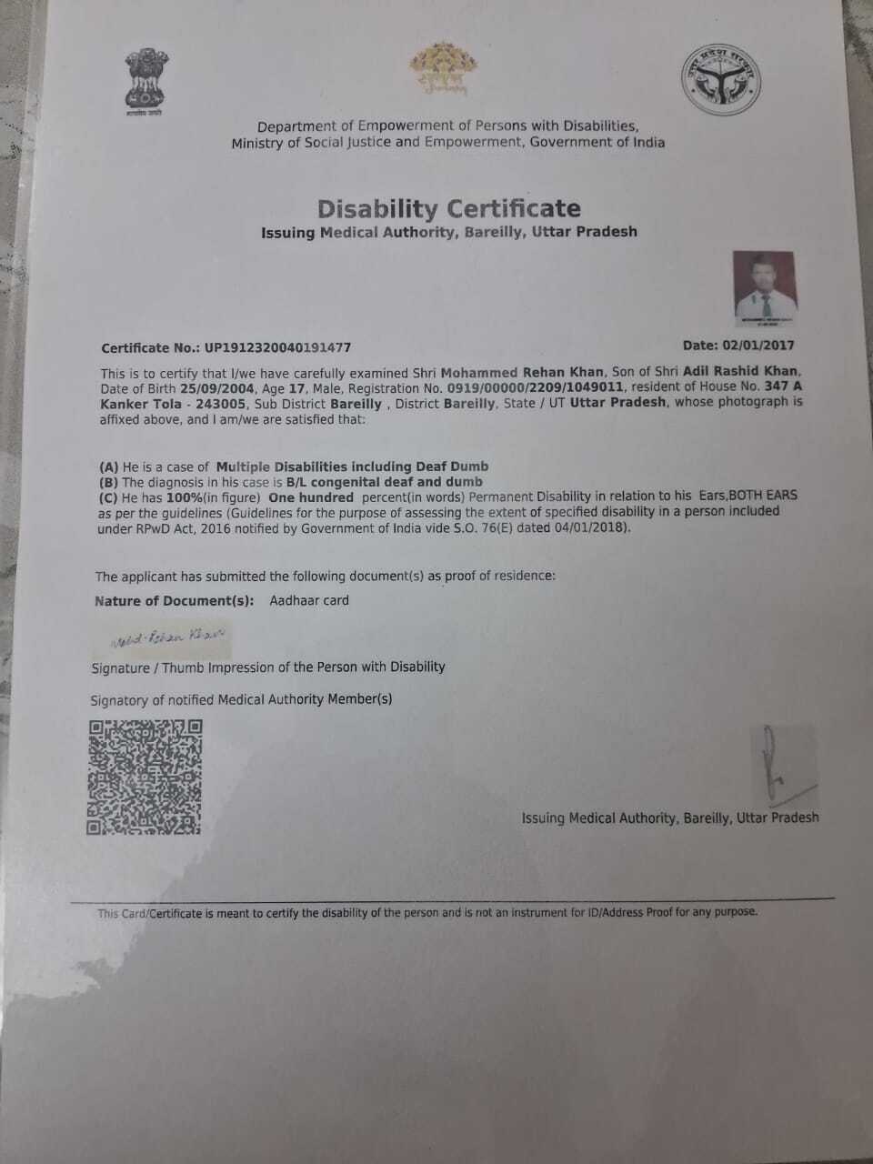 Upload Disability Certificate