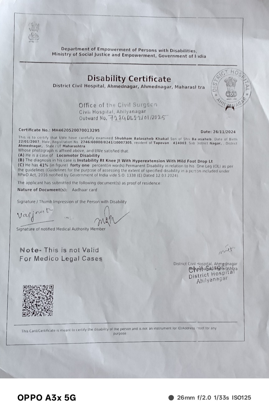 Upload Disability Certificate