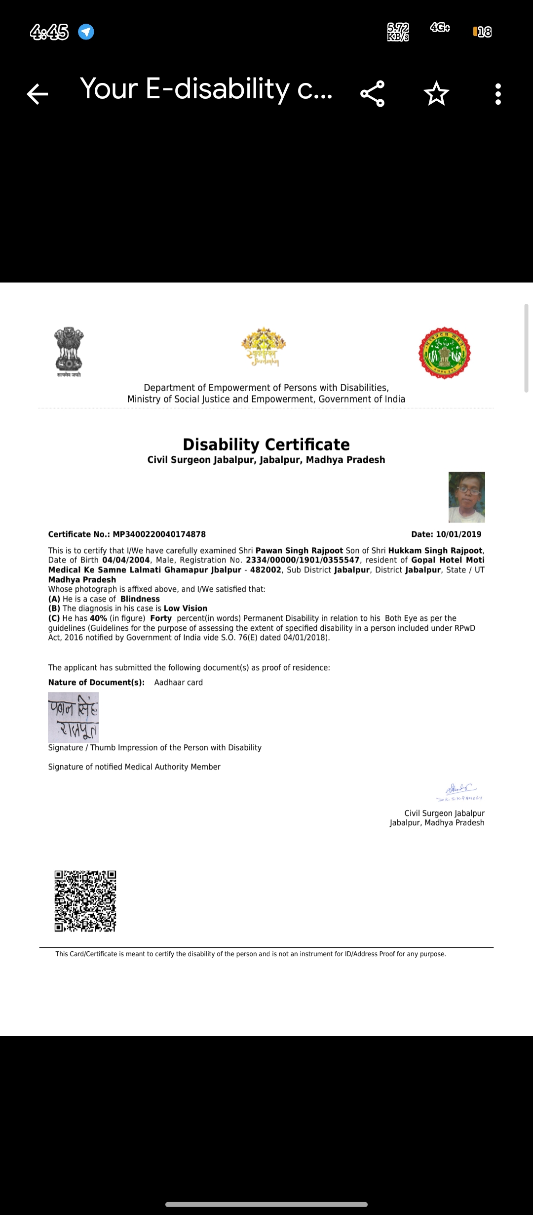 Upload Disability Certificate