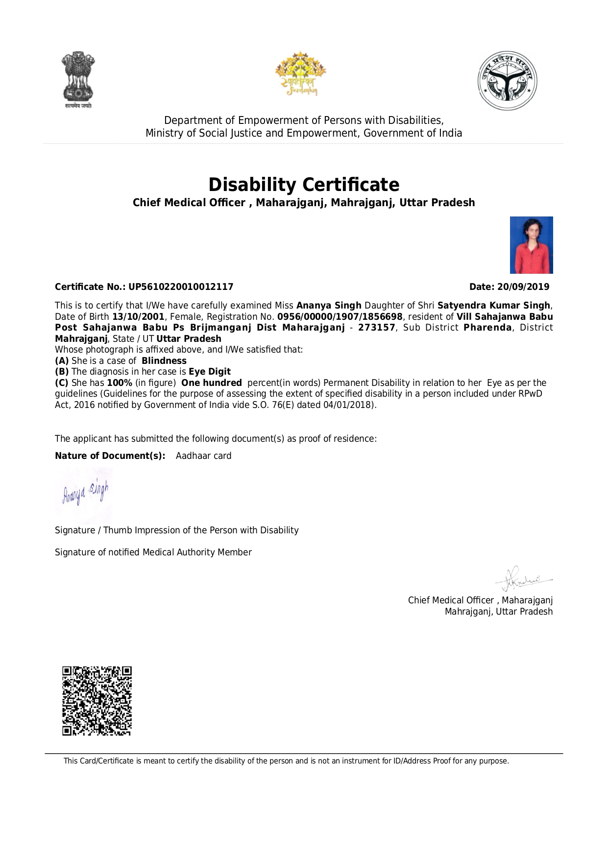 Upload Disability Certificate