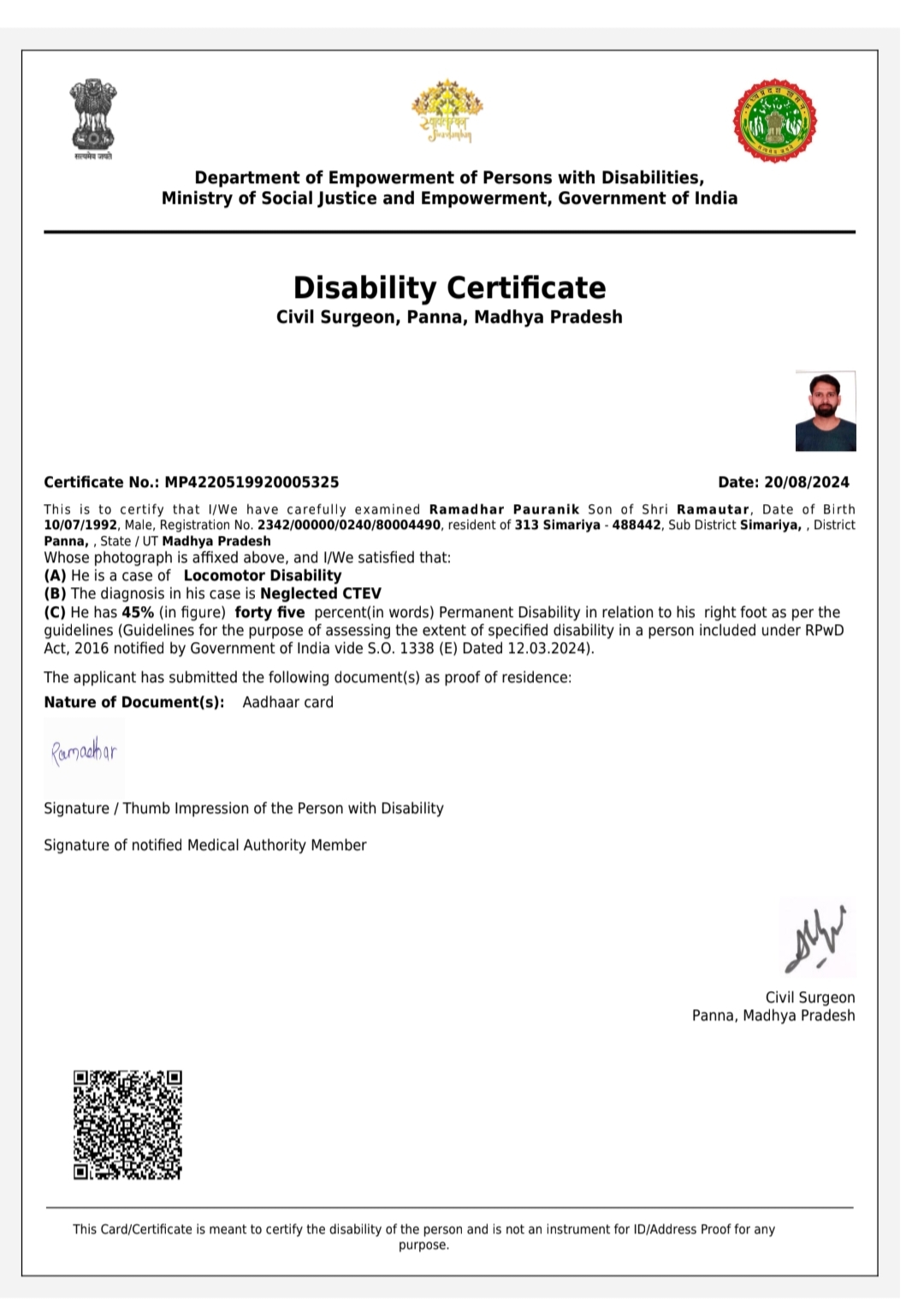 Upload Disability Certificate