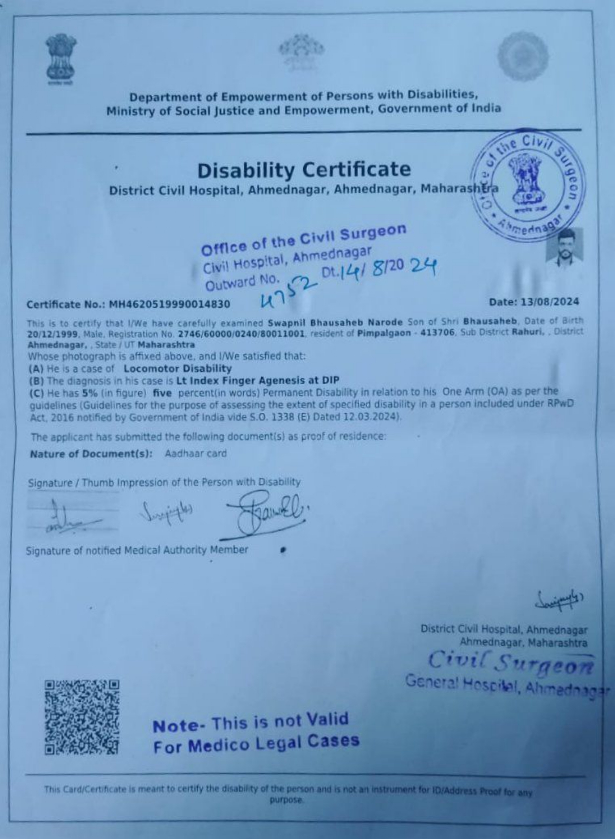 Upload Disability Certificate