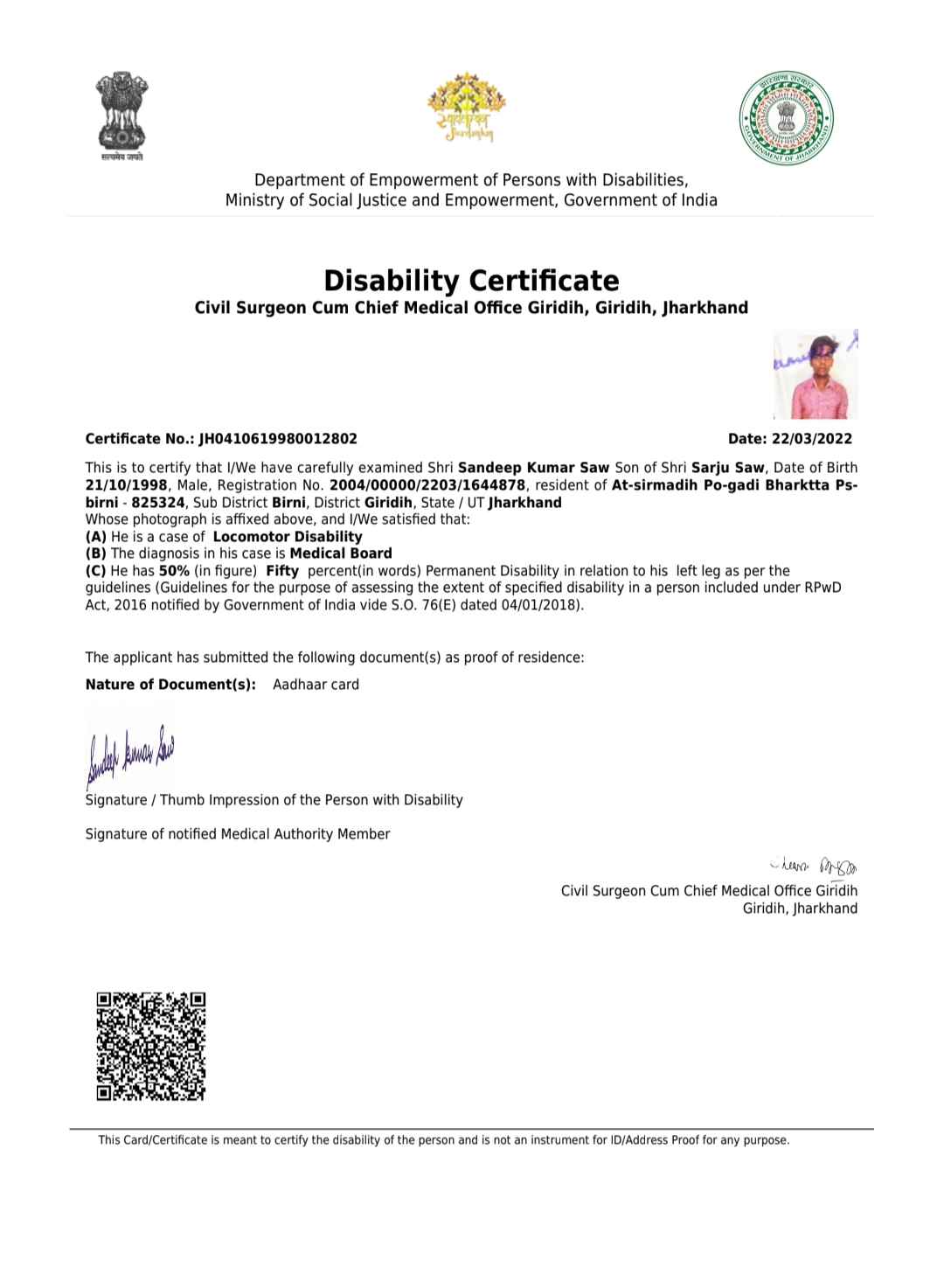 Upload Disability Certificate