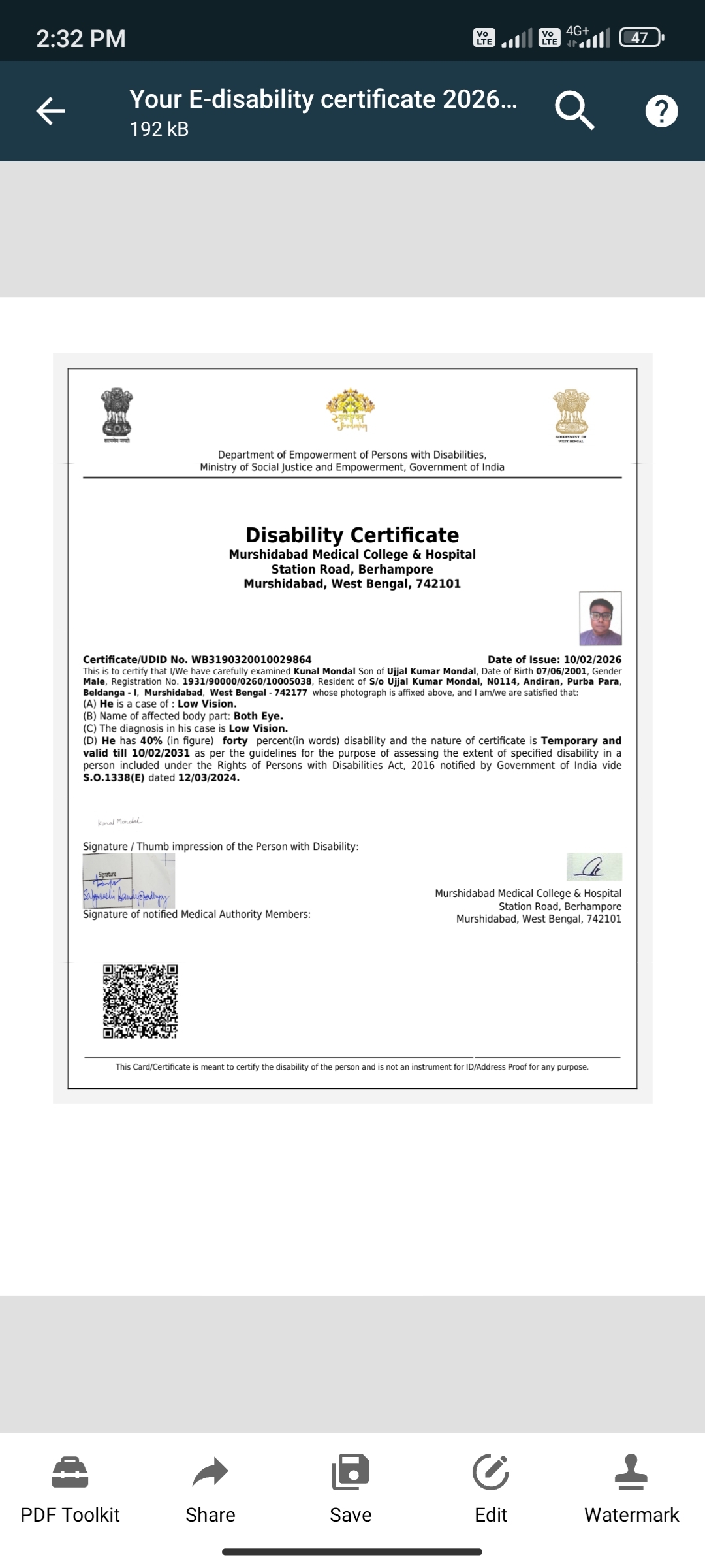 Upload Disability Certificate