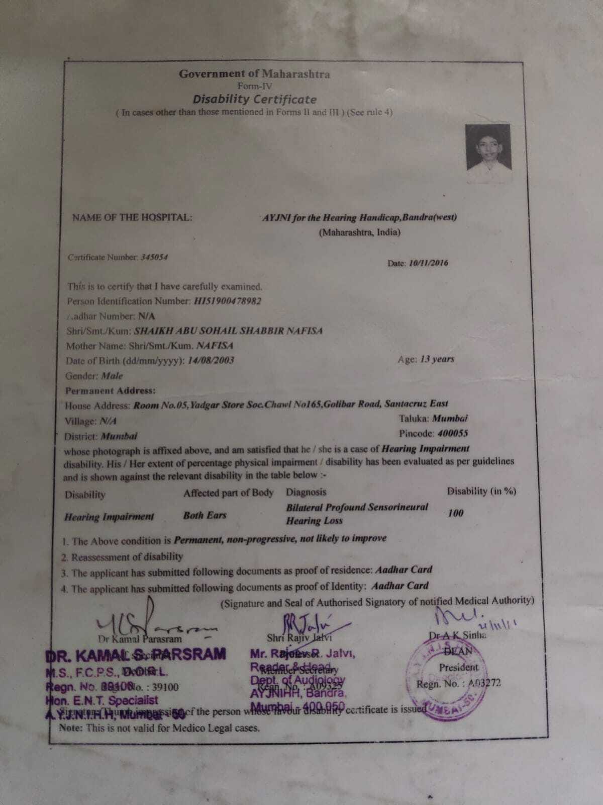 Upload Disability Certificate