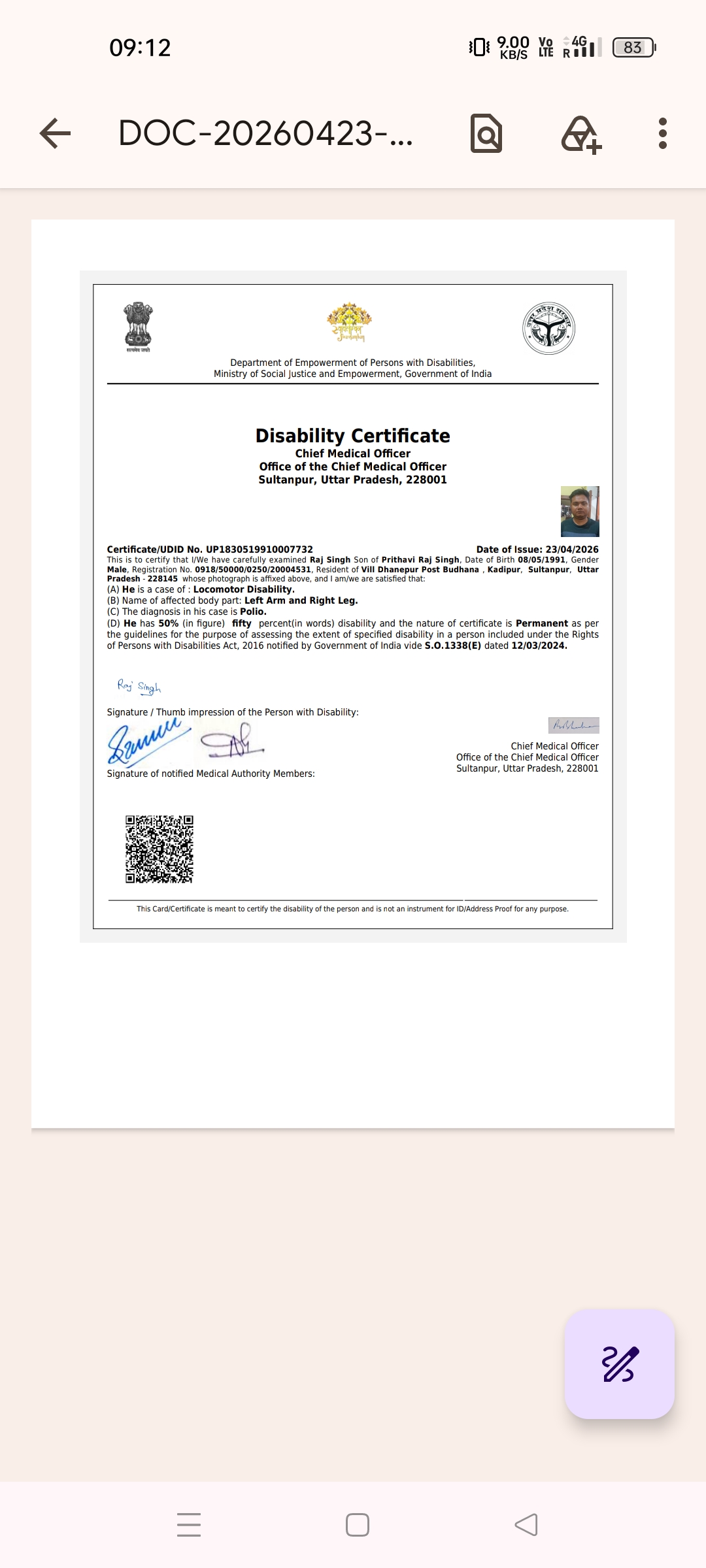 Upload Disability Certificate