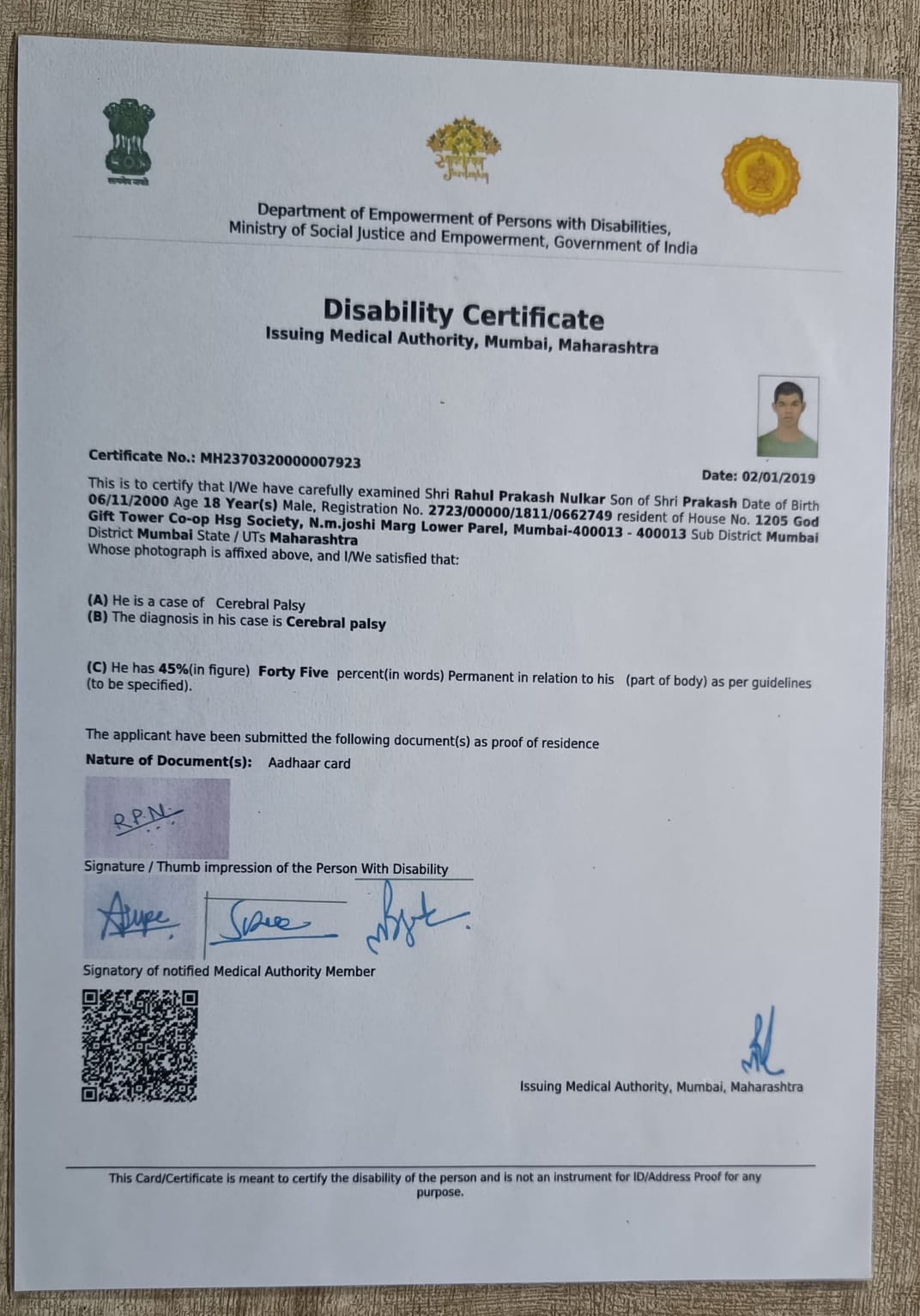 Upload Disability Certificate