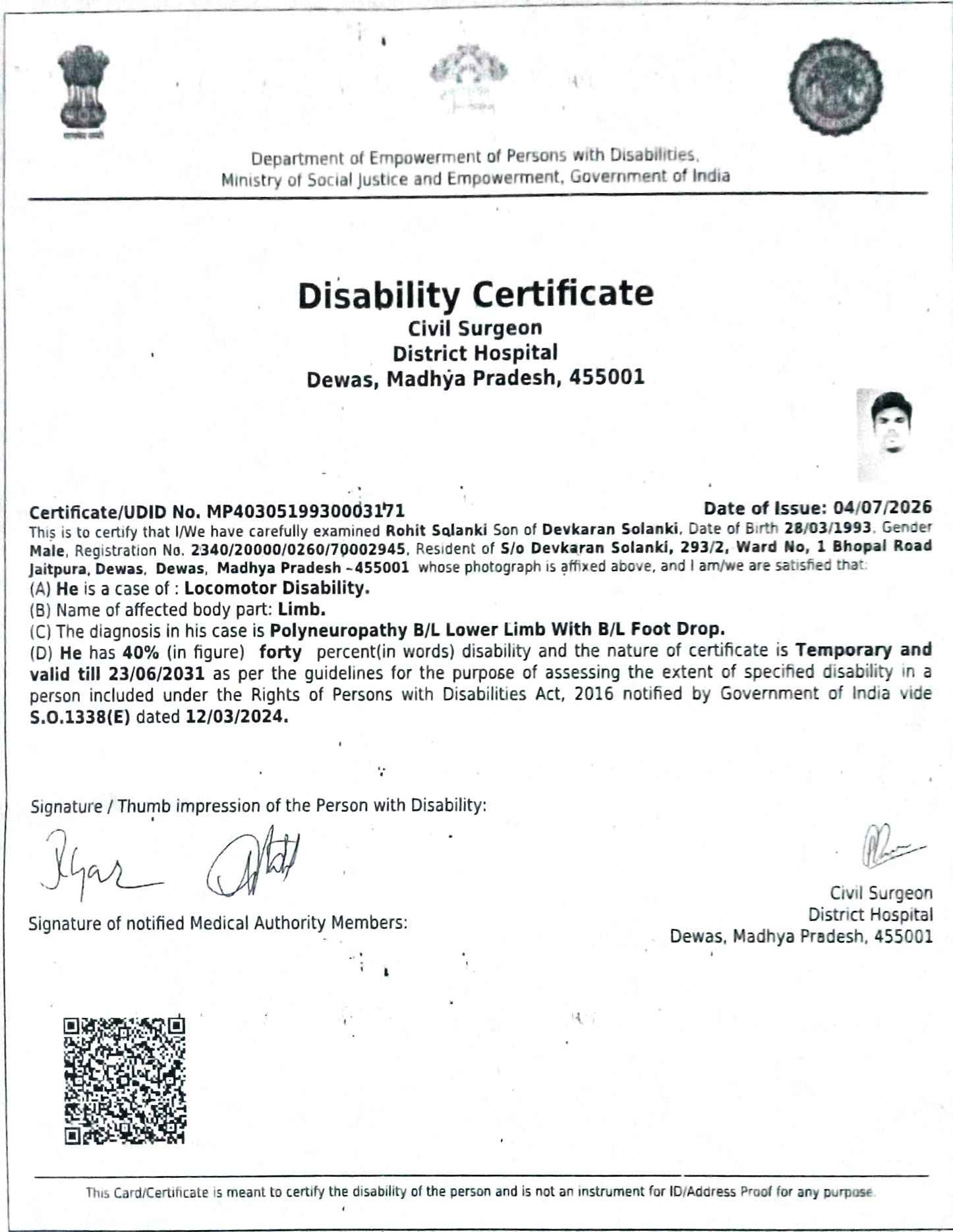 Upload Disability Certificate