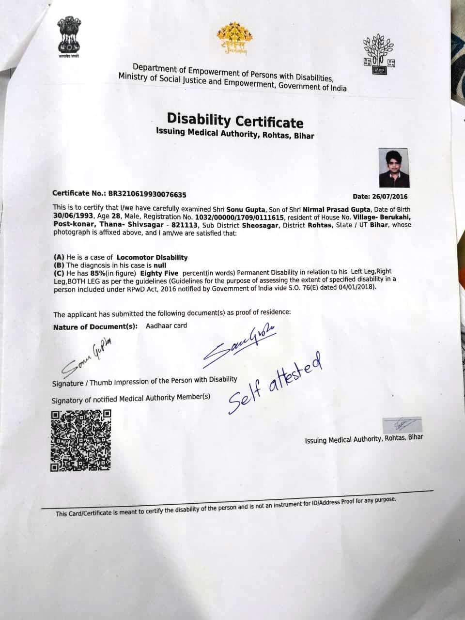 Upload Disability Certificate